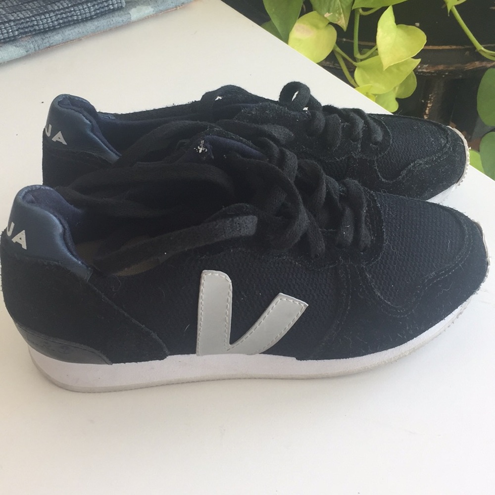 New Veja black suede and leather sneakers